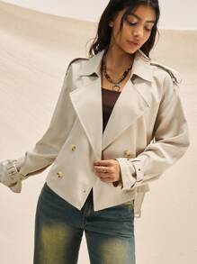 Easelle Trench Coat Early Autumn Coat Thin Windbreaker Top Outdoor Leisure All-Match Lace-Up Windbreaker Early Autumn Long Sleeve Belt Short Boho - Khaki - View 3