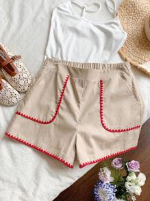 Comfortcana Quần short nữ mùa hè đi biển, thiết kế khóa kéo bên hông, viền hoa, có túi, kiểu dáng thường ngày, quần short giáo viên, phong cách bohemian. - Màu be - Xem 1