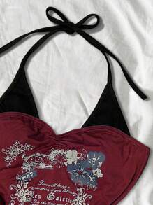 Top de cuello de halter con bloqueo de color y estampado de eslogan de moda de verano - Burdeos - Ver 5