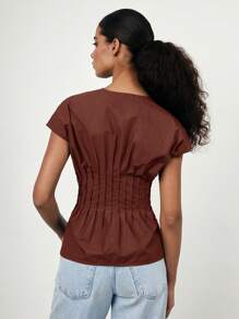 Maija Spring/Summer New V-Neck Front Tie Bow Waist Pleated Shoulder Puff Sleeve Women Shirt, Coffee Brown, Elegant For Carnival, Party, Valentine's Day - Burgundy - View 5