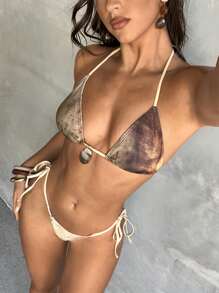 Aloruh Bộ đồ bơi bikini nhuộm loang Boho mùa hè mới cho nữ, họa tiết in chuyển màu gợi cảm cho tiệc tùng âm nhạc, đồ bơi trang trí vỏ sò óng ánh, trang phục đi biển/nghỉ lễ cho nữ, bikini tam giác hai mảnh bikini bóng - Nhiều màu - Xem 2