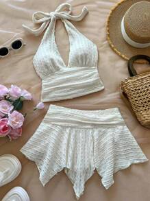 Elamini 2pcs Set Women's Beige Textured Fabric Halter V-Neck Fitted Tank Top & Asymmetric Hem Skirt, Vacation Beach Outfit - Apricot - View 1