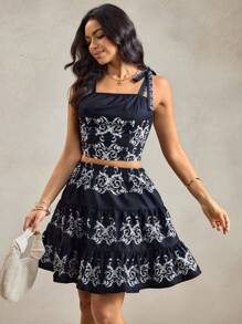 SHEIN LUNE 2pcs Women's American Western Rural Bohemian Print Set,Summer Boho Vacation Holiday Black And White Outfits 2 Pieces Sets Navy Blue Skirt Dress - Black and White - View 5