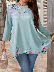 EMERY ROSE Tricou elegant cu imprimeu, pentru femei, mărime mare, cu tiv asimetric, mânecă 3/4 - Multicolor - Vizualizare 3