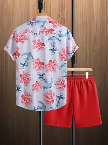 Manfinity RSRT 2件套男士Anchor & Coral休闲度假短袖衬衫和短裤套装。男士花卉Anchor Coral热带夏威夷风情服装。送给男朋友或丈夫的绝佳礼物。舒适的装扮 - 紅色 - 查看 2