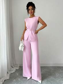 Elenzga 女士优雅办公室通勤休闲下午茶派对装，领腰金属纽扣可调节肩部不对称下摆分层衬衫搭配宽松阔腿裤套装，2 件套，春夏 - 粉色 - 查看 7