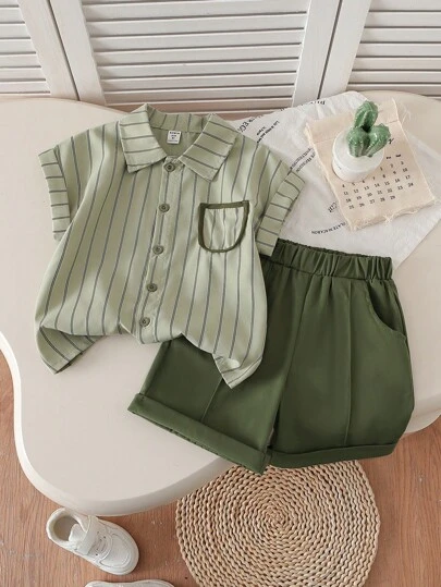SHEIN 夏季韩版时尚休闲装 Polo 领条纹短袖衬衫 + 纯色休闲短裤学院风幼儿男童两件套