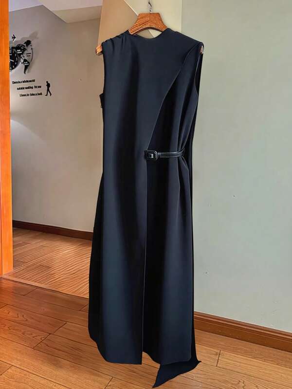 Celure Premium Elegant French Style High Collar Sleeveless Slim Fit Office Lady Long Dress, Plus Size