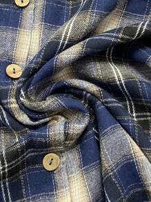 SHEIN LUNE CURVE 大码女式夏季乡村音乐节休闲复古泡泡袖格子衬衫 - 藏蓝色 - 查看 5