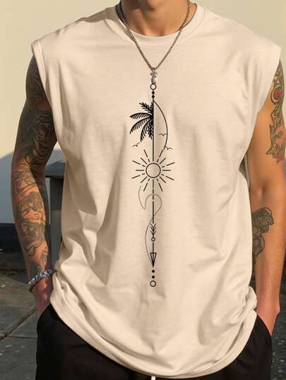 Manfinity Homme Camiseta de tirantes informal para hombre con estampado de sol, para verano