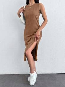 Vestido midi de verano de unicolor informal sin mangas con abertura lateral