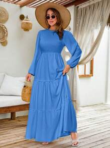 EURMUSE LANTERN LONG SLEEVE LAYERED LONG DRESS - Blue - View 4