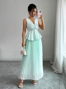 Breezaya 2pcs/Set Elegant Solid Color Twist Front Tank Top And Pleated Skirt, Summer - Mint Green - View 1