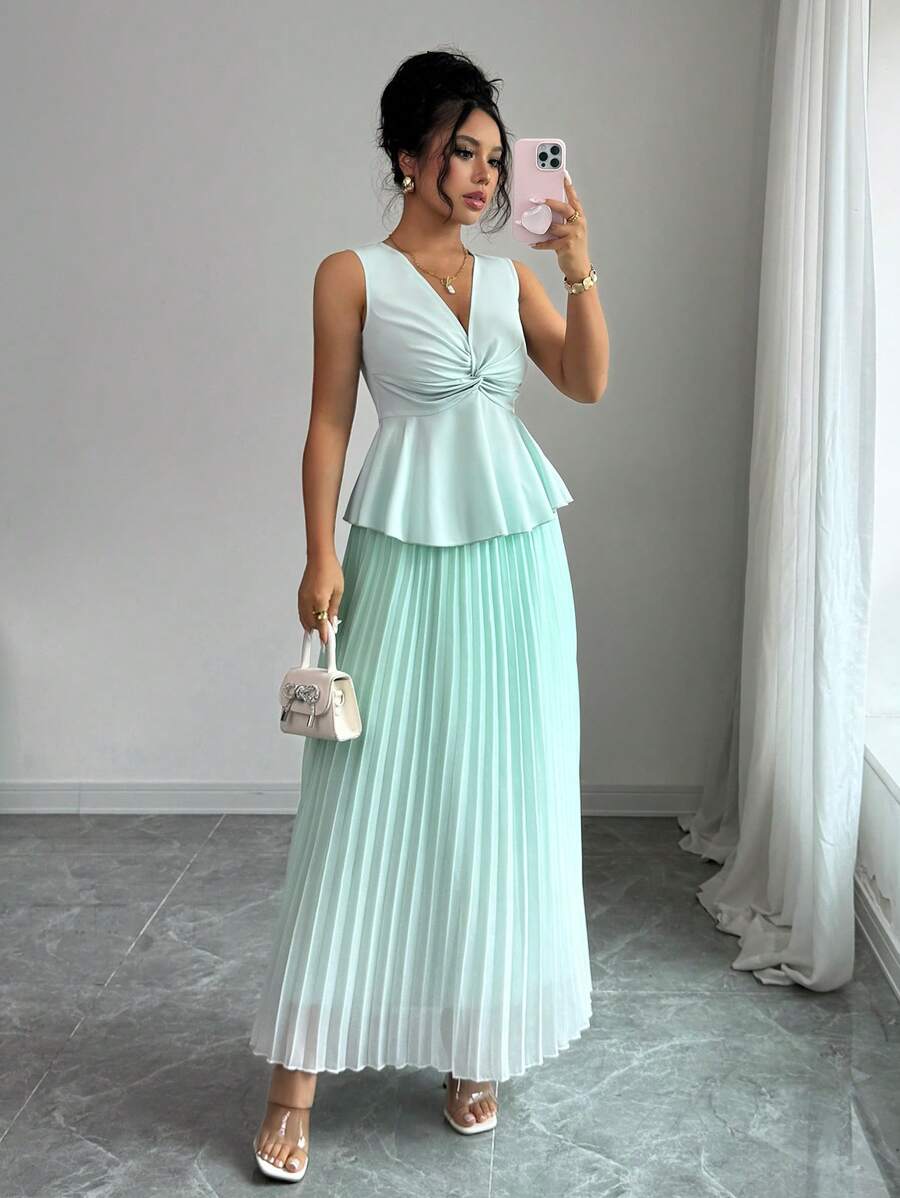 Breezaya 2pcs/Set Elegant Solid Color Twist Front Tank Top And Pleated Skirt, Summer - Mint Green - View 1