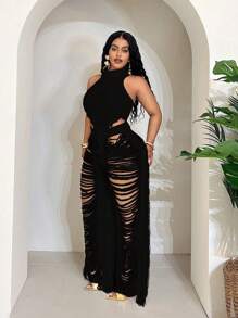 Maweii 大码女式毛衣套装纯色白色吊带背心+破洞流苏性感裤休闲性感派对针织套装度假夏季女装