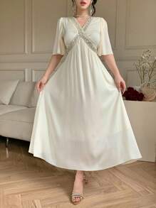 DAZY Women's Summer Elegant Beaded & Sequin Patchwork Short Sleeve Long Textured Fabric Cinched Waist Casual Vacation Boho Dress