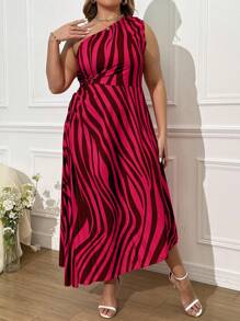 SHEIN Unity 大码不对称肩条纹印花褶皱连衣裙 - 彩色 - 查看 4