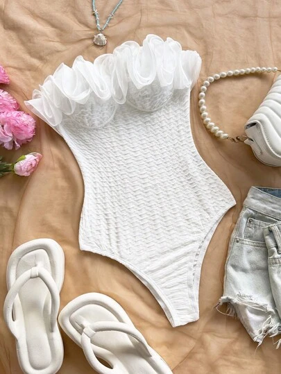 Soleia Spring & Summer Resort Ruffled Bandeau Bodysuit For Women, Suitable For Party, Holiday, Date, Afternoon Tea, Vacation, Music Festival, Beach, Summer Outfit, Boho, Vacation, Crochet, Linen