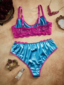 PinupPomp Bộ 2 áo ngực cỡ lớn kiểu cổ điển, phối màu tương phản, cúp 3/4, có gọng, chất liệu satin, ren và họa tiết khoét rỗng. - Nhiều màu - Xem 7