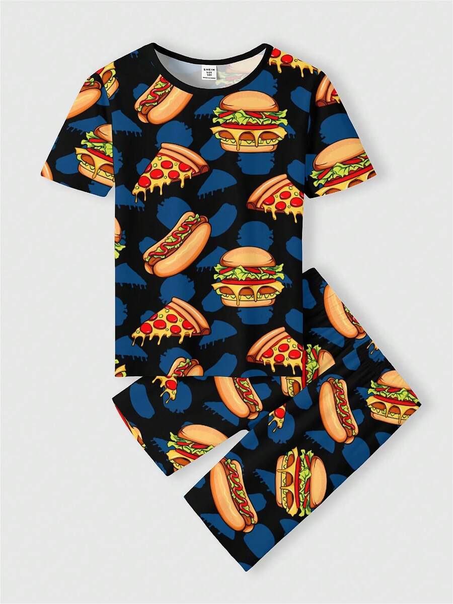 SHEIN 青少年男孩休闲简约卡通汉堡印花贴身短袖 T 恤和裤子睡衣套装，春夏 - 彩色 - 查看 1