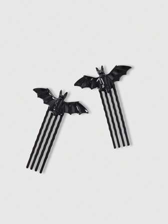 Goth 2pcs Gothic Style Black Bat Hair Accessories Set - Hair Clips & Hair Sticks, For Daily Wear And Party Matching