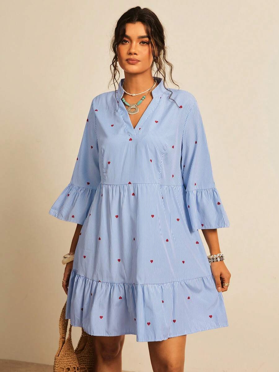 Freevana Plus Size Heart Pattern Blue & White Stripe V-Neck Puff Sleeve Waist A-Line Romantic Beach Short Dress, Valentine,Beach Dress Sundress,Holiday Outfits Boho - Blue and White - View 1