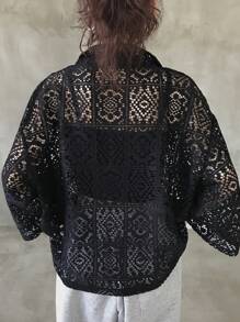 FRIFUL Áo ren nửa miếng in chữ rộng rãi cho nữ - màu đen - Xem 3