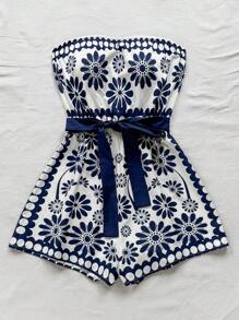 Soleia 全新优雅花卉波西米亚吊带连体裤，非常适合度假蓝白花卉连体裤花卉连体裤短裤抹胸连体裤白色连体裤配蓝色花朵女式连体裤