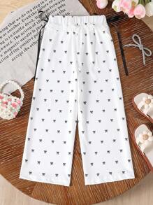 Young Girl Casual Bow Print Drawstring Sweatpants Fall Winter - White - View 2