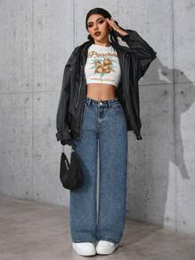 SHEIN PETITE 女士宽松口袋装饰阔腿休闲百搭牛仔裤 - 藍色 - 查看 3