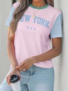 SHEIN LUNE 休闲简约条纹撞色英文字母印花宽松圆领短袖T恤女款，适合夏季，适合机场穿 - 彩色 - 查看 7