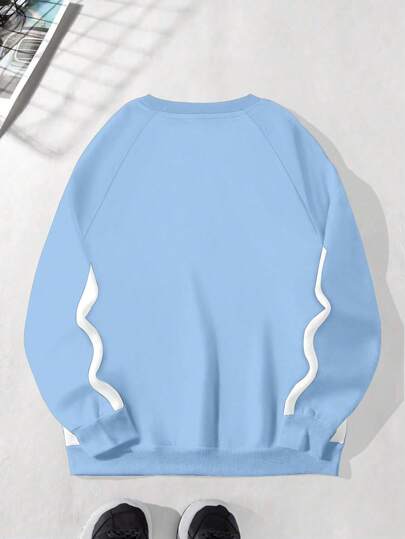 Manfinity Roghcode Men's Letter Print Round Neck Raglan Long Sleeve Pullover Light Blue Sweatshirt Streetwear 90s Style Sweatshirt, Men's Casual Sweatshirt, Graphic Sweatshirt , Fall