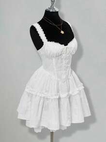 SHEIN ICON 女士白色茶会刺绣束腰外衣时尚优雅蕾丝边结饰吊带连衣裙 - 白色 - 查看 6