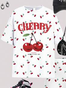 SHEIN Conjunto de 2 piezas vintage con camiseta de manga corta holgada y pantalones cortos con estampado minimista de cerezas, ideal para adolescentes en verano o viaje de primavera