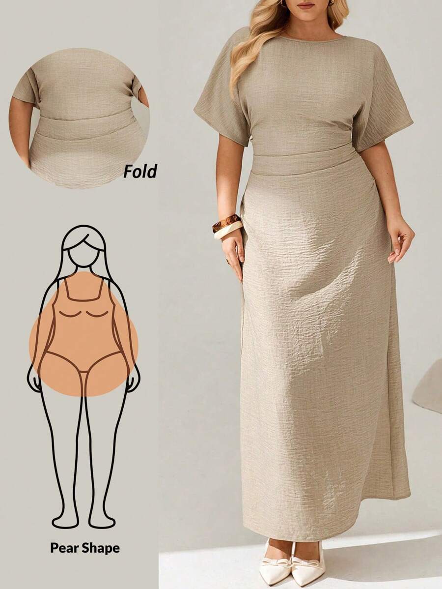 Auralis 女士大码夏季纯色亚麻连衣裙，短袖长裙，夏季女士连衣裙，女士夏季度假连衣裙，女士休闲连衣裙，女士端庄连衣裙 - 杏色 - 查看 1