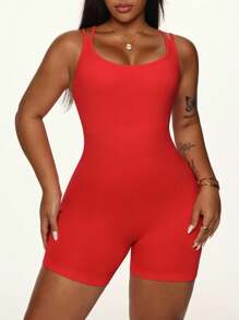 SHEIN Sport Studio Damen Große Größen nahtloser roter Rückenausschnitt Jumpsuit