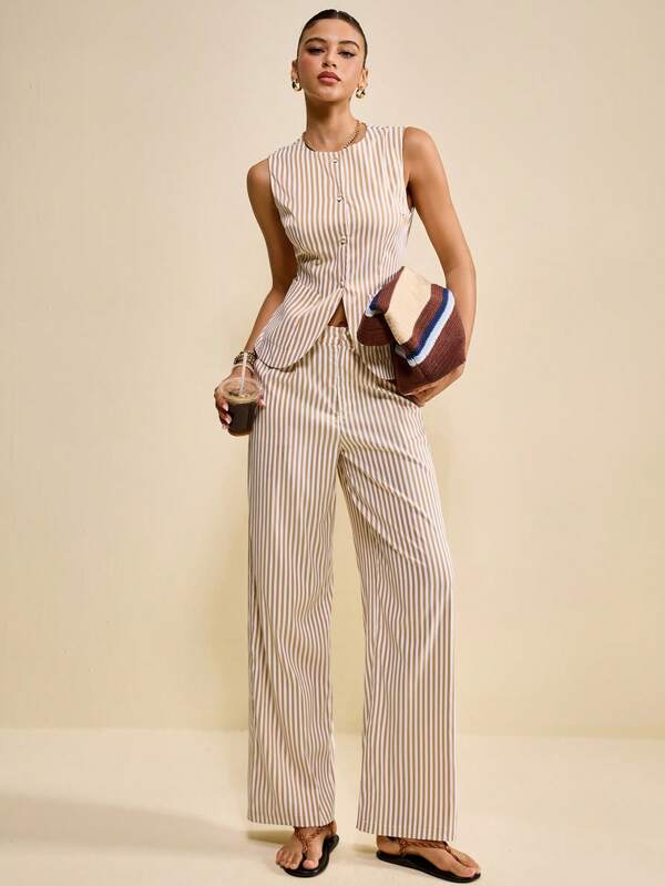Muvela 2pcs Women's Casual Striped Print Button Vest & Relaxed Pants Set, Vintage Style Business Casual Outfit