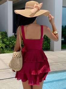 DAZY 女士春夏海滩度假金属花卉装饰镂空多层荷叶边下摆短款连衣裙 - 粉色 - 查看 3