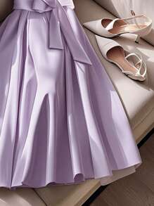 Franclia Váy midi xếp ly chữ A thắt nút ngọc trai phía trước và giữa thanh lịch giản dị, màu mơ mới cho mùa hè - Màu tím - Xem 4