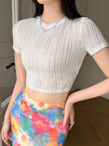 Celisse Women's Round Neck Cinched Waist Short Sleeve T-Shirt, Textured Woven Fabric, Fashionable & Elegant Daily Wear