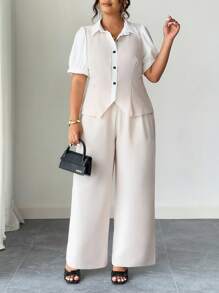 Elenzga Bộ quần áo công sở thanh lịch cỡ lớn, mùa hè - Màu Khaki - Xem 4