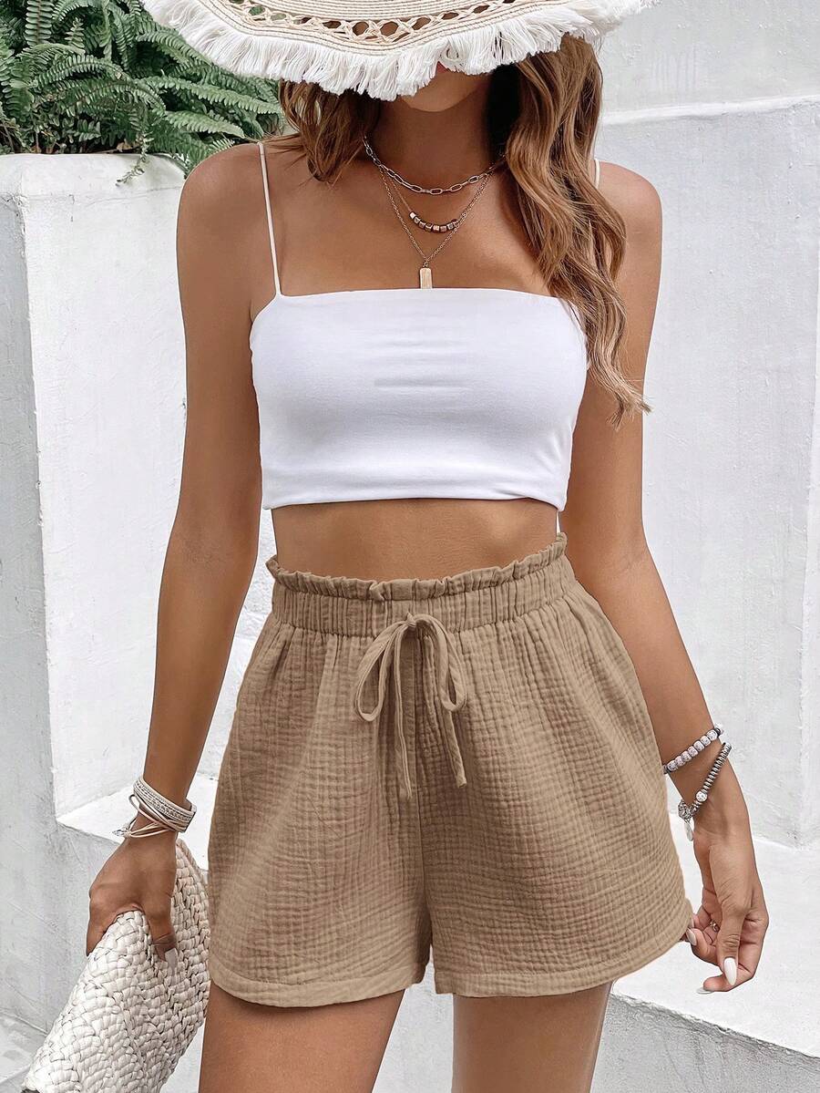 SHEIN Frenchy Women's Minimalist Solid Color Textured Tie-Waist Shorts, Summer Chic - Camel - View 1