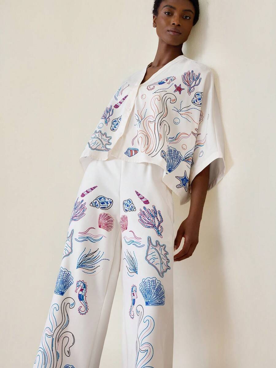Aveloria Modichic Women White Autumn Tropical Tea Party Vacation Holiday Elegant Shell & Seaweed Floral V-Neck Oversized Drop Shoulder Wide Leg Pants 2 Pieces Set - Multicolor - View 1