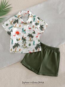 Cozy Pixies Baby Boy 2Pcs Set: Floral Print Polo Collar Short Sleeve Cardigan And Elastic Waist Shorts - Green - View 7