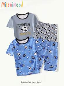 Set da 4 pezzi di pigiama sportivo per ragazzi adolescenti, composto da maglietta a maniche corte con grafica calcio blu navy e grigia, e pantaloncini, realizzato in maglia elastica di spandex