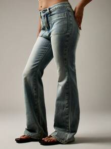 MISSGUIDED Quần Jeans Ống Loe Cạp Cao Phong Cách Y2K Retro Vintage Wash Quần Jeans Thời Trang Thu Đông - Rửa nhẹ - Xem 6