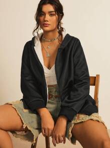 Freevana Plus Size Contrast Color Thermal Lined Warm Comfortable Hooded Jacket With Zipper Pockets Winter Clothes Fall Autumn - Black - View 7