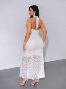 Viva Relle Plus Size Women's Lace-Up Hollow Patchwork Floral Trim Bodycon Spring/Summer Dress - White - View 2
