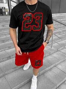 Manfinity Homme 夏季男士休闲数字印花T恤和短裤套装