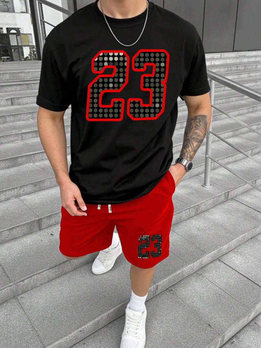 Manfinity Homme 夏季男士休闲数字印花T恤和短裤套装